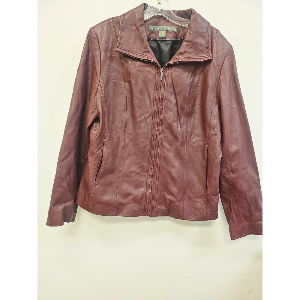 Kenneth Cole Reaction Womens XL Burgundy Leather Zip Front Jacket Wine Red